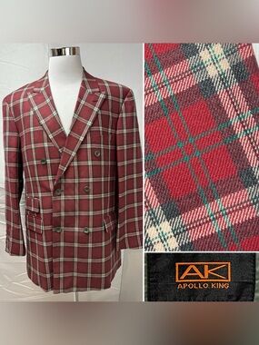 Apollo King Men's 48L Red Plaid Double Breasted Super 150s Wool Blazer Jacket